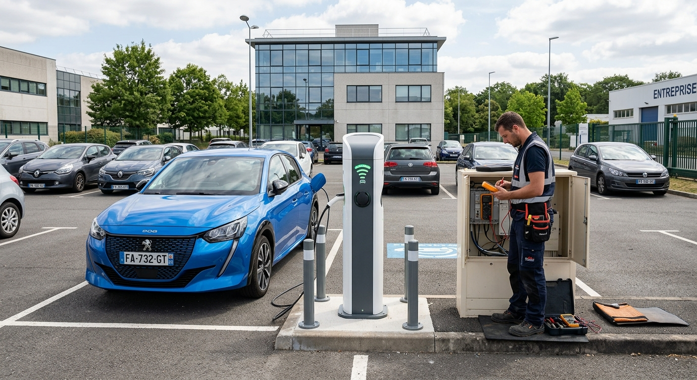Borne de recharge électrique IRVE en fonctionnement dans un parking d'entreprise avec un installateur qualifié vérifiant l'installation.