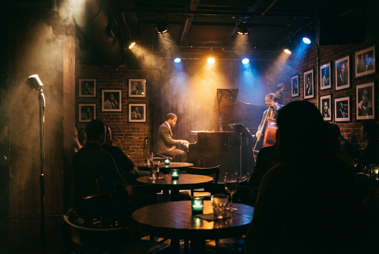 A moody jazz club interior at night with deep blue and amber lighting
