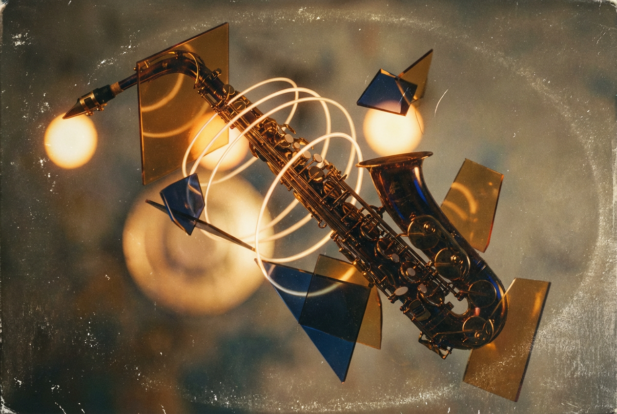 Abstract jazz-inspired visual art with geometric shapes and warm tones