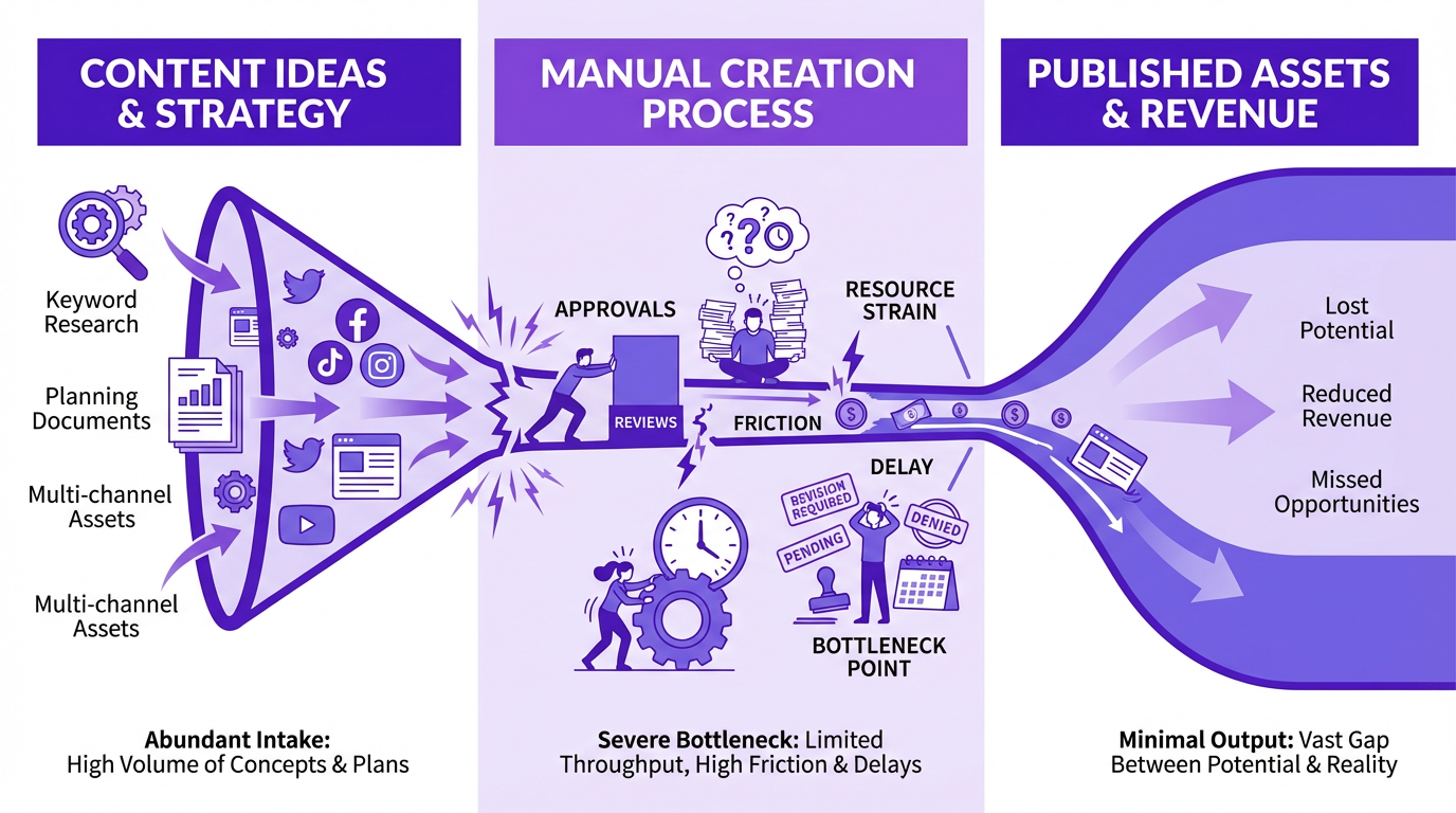 Infographic showing how manual content creation acts as a bottleneck in the marketing funnel.