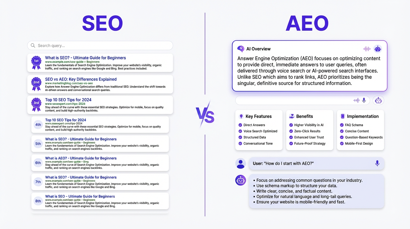 Comparison of traditional SEO results versus modern AEO (Answer Engine Optimization) results.