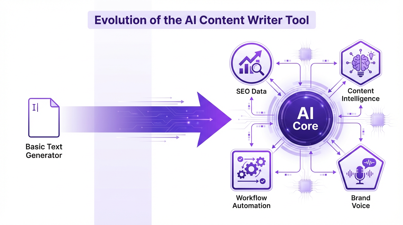 Diagram showing the evolution of the AI content writer tool from a basic generator to an integrated marketing platform.