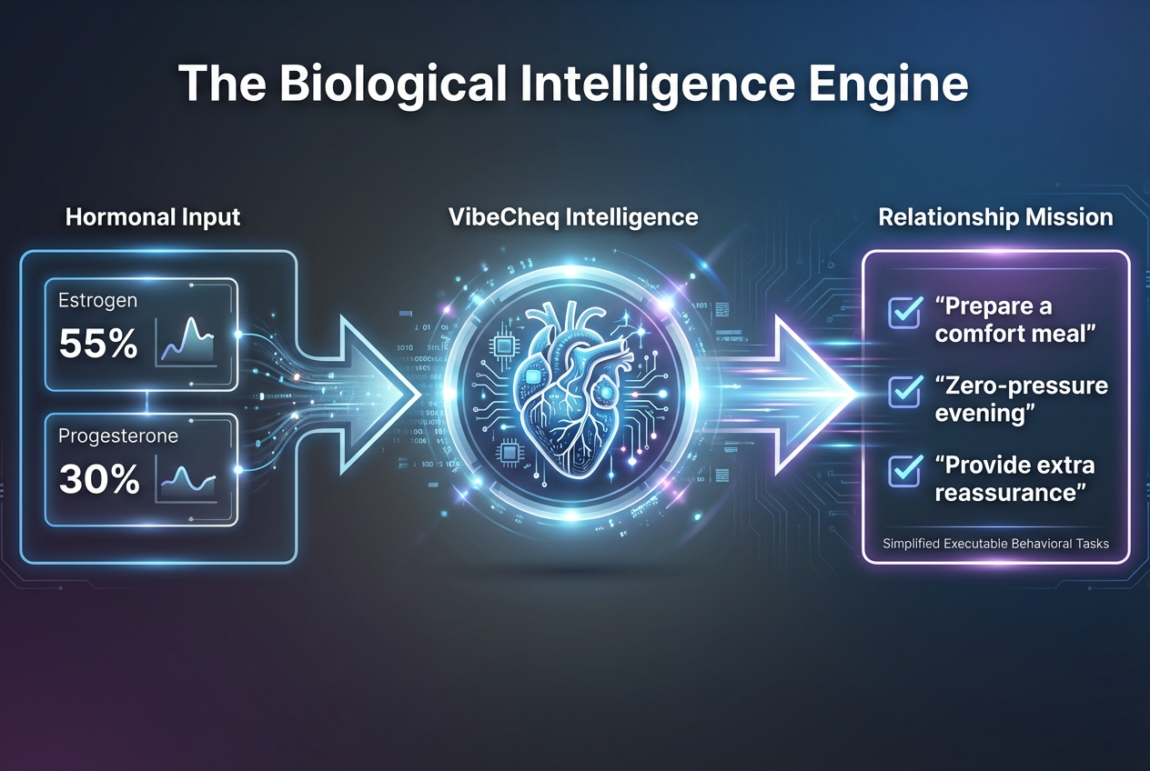 Diagram showing the process of translating estrogen and progesterone levels into actionable relationship tasks and supportive missions.