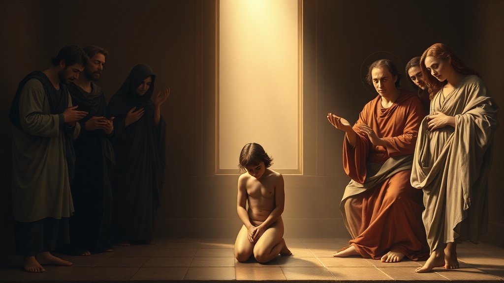 Allegorical scene of moral struggle and mercy