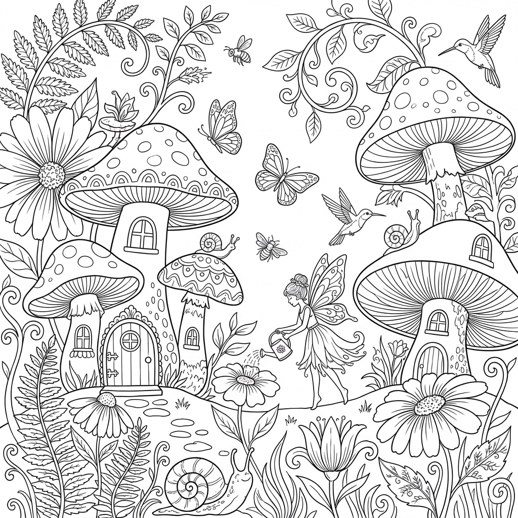 AI-generated coloring page of a magical fairy garden with mushroom houses, butterflies, and intricate floral patterns