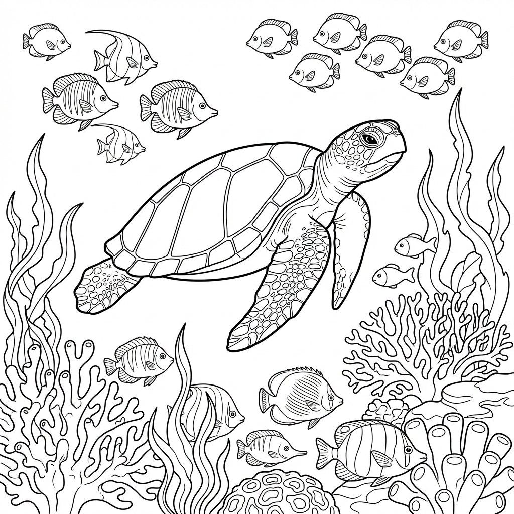 Printable coloring page of an underwater ocean scene with sea turtle, tropical fish, and coral reef line art