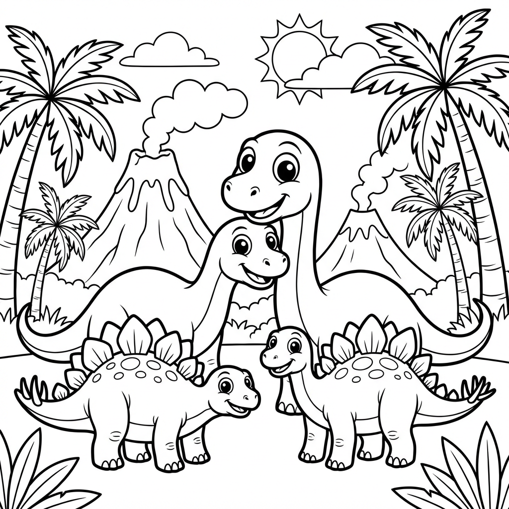 Kids coloring page featuring a cute dinosaur family in a prehistoric landscape with volcanoes and palm trees