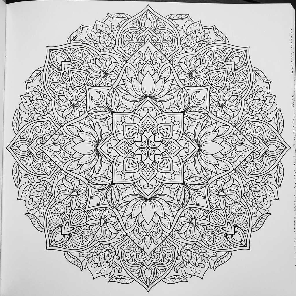Detailed adult coloring page with intricate mandala pattern featuring geometric shapes and floral elements