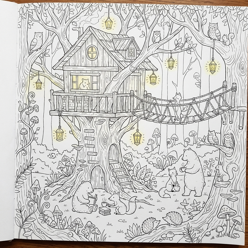 AI-generated coloring page of a cozy treehouse in an enchanted forest with lanterns and woodland animals