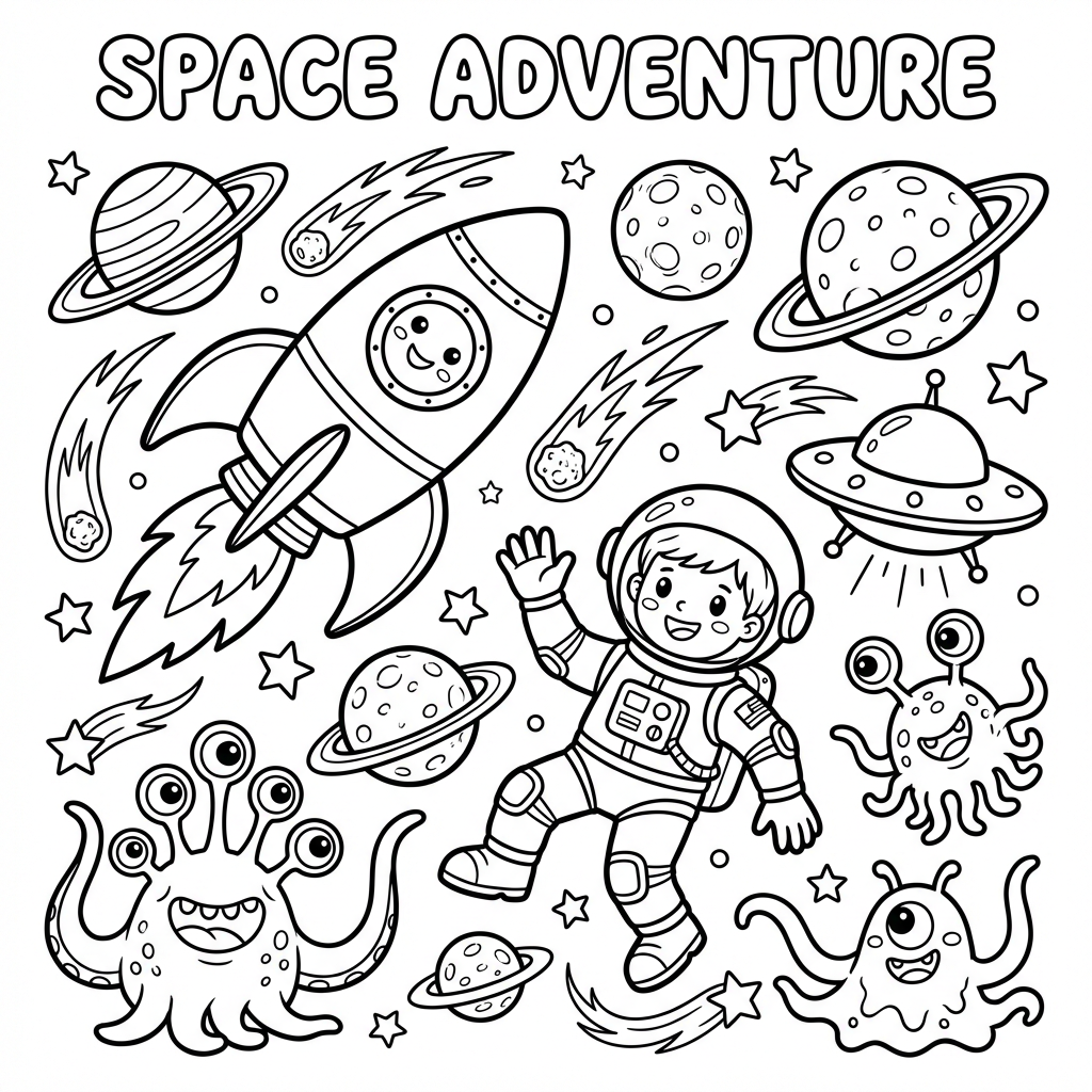 Fun coloring page of a space adventure with rocket ship, planets, stars, and astronaut characters