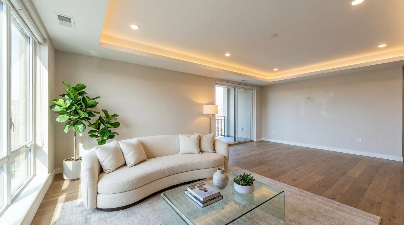 AI virtually staged modern living room with elegant sofa, coffee table, plants and warm lighting in an empty apartment