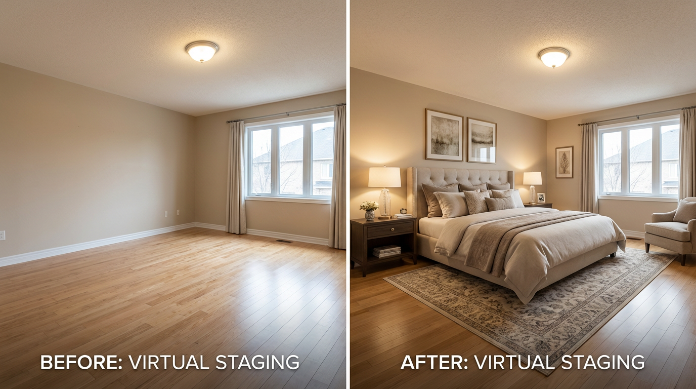 Before and after AI virtual staging showing empty bedroom transformed into furnished master bedroom with king bed
