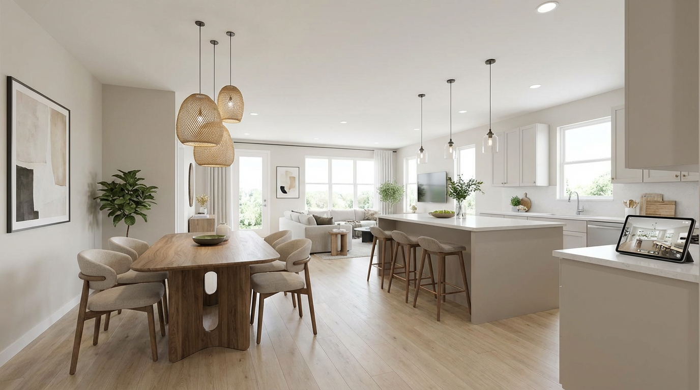 AI virtually staged open concept kitchen and dining room with modern furniture and pendant lights