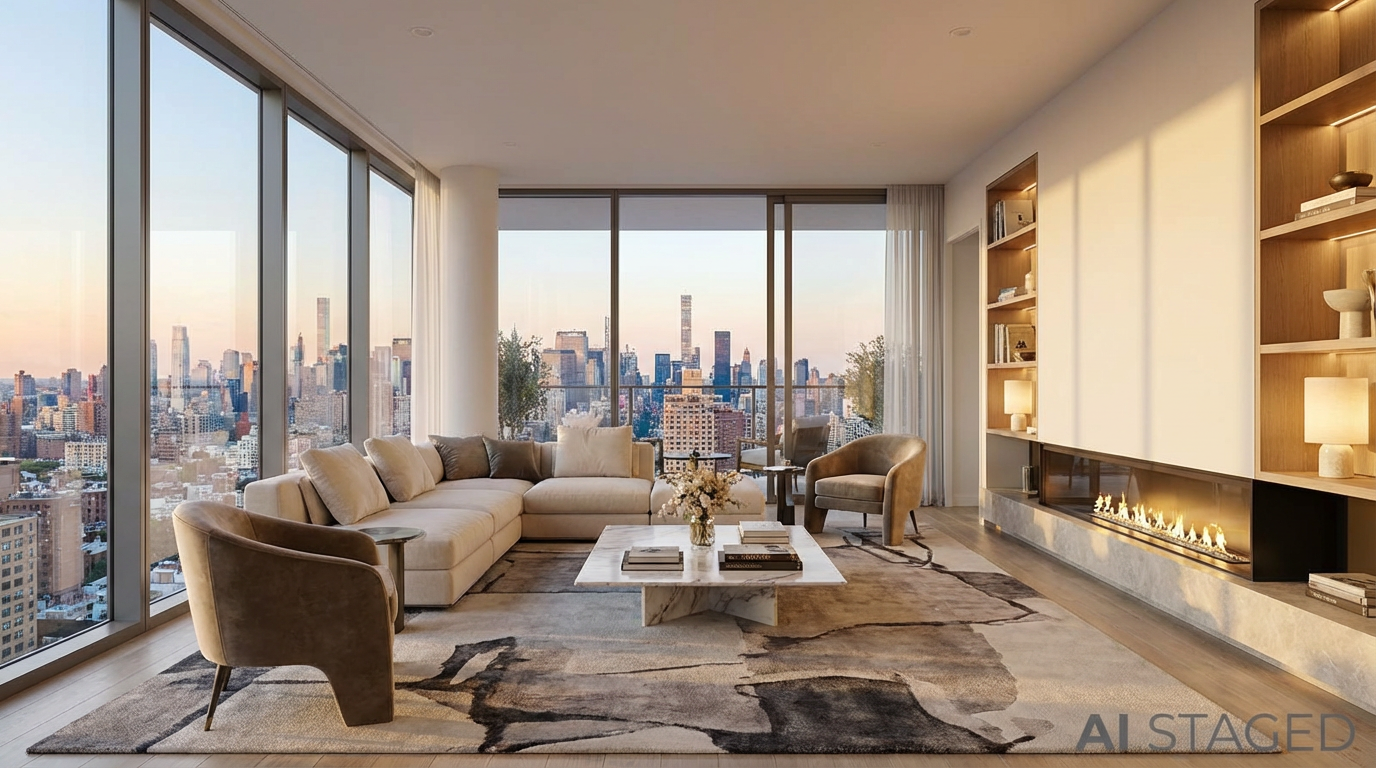 AI staged luxury penthouse living area with floor to ceiling windows and city skyline view