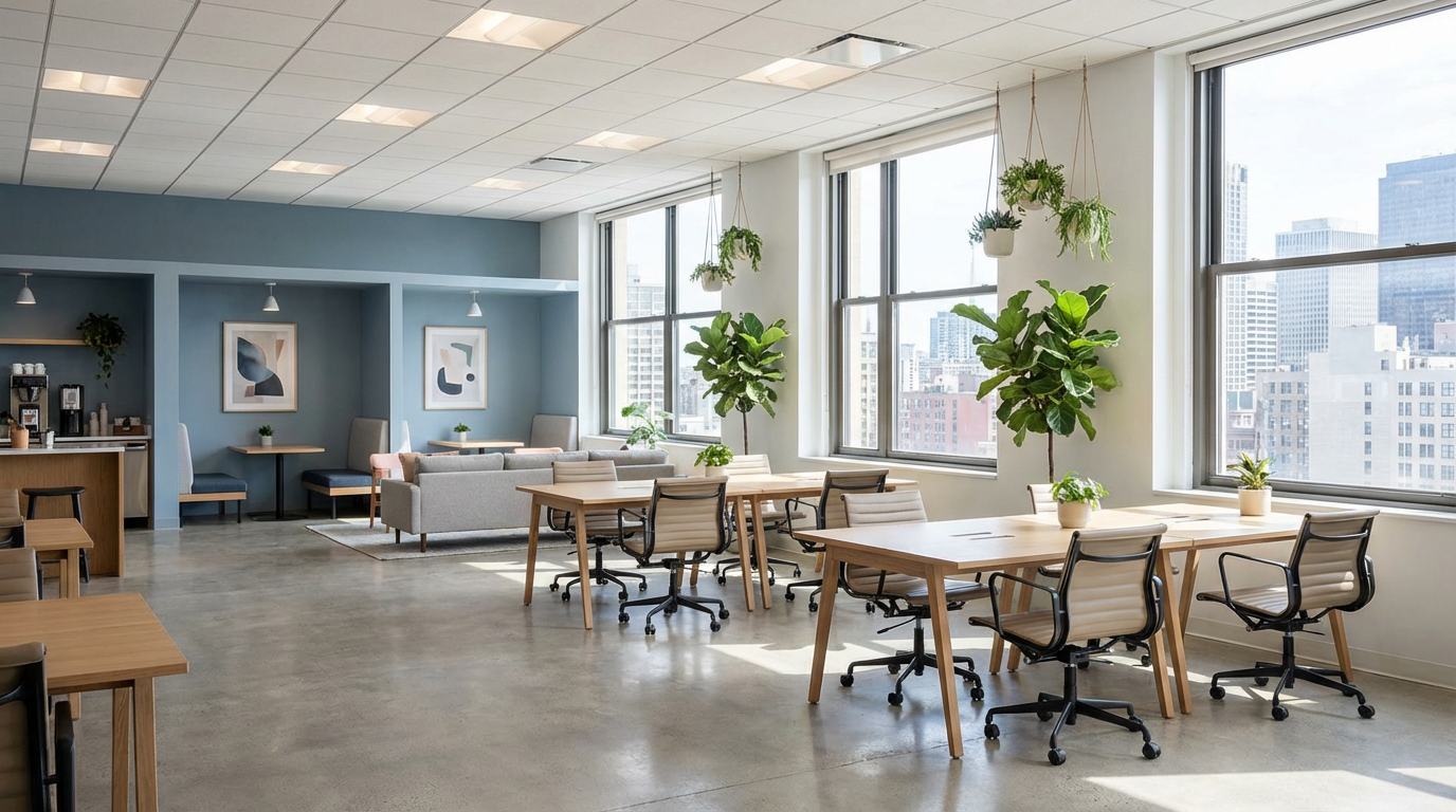 AI virtual staging of empty office space transformed into modern coworking environment