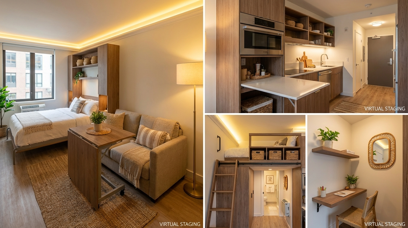 AI virtually staged cozy studio apartment with space-saving furniture and stylish decor