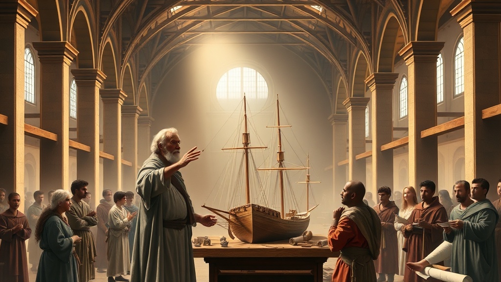 A classical workshop blending cathedral-like architecture with a shipbuilding atelier