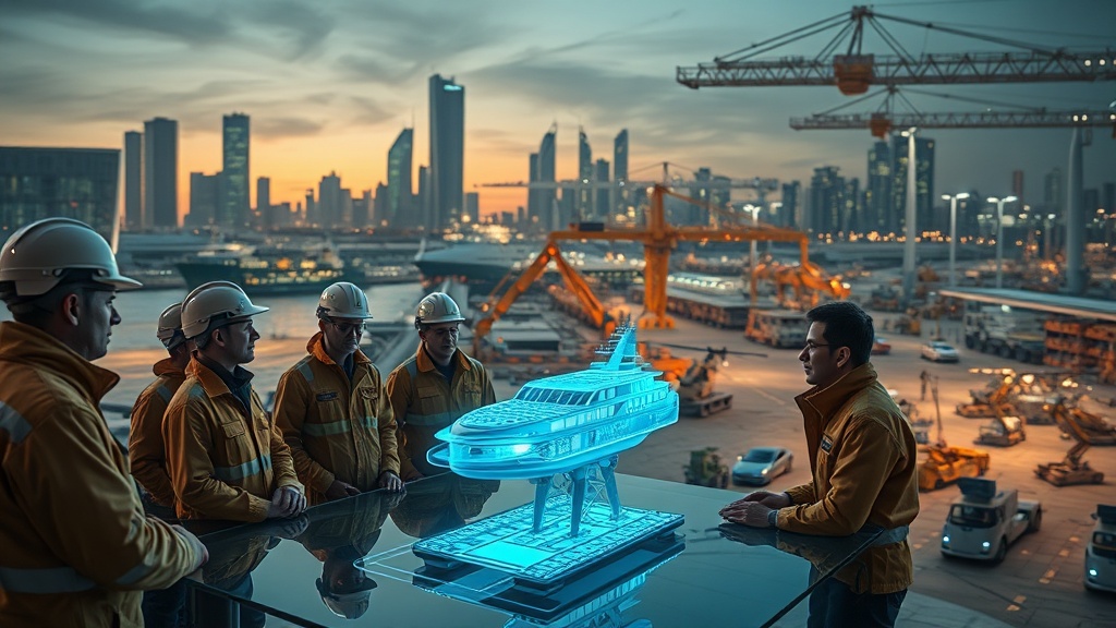 Engineers examine a holographic digital twin over a modern shipyard
