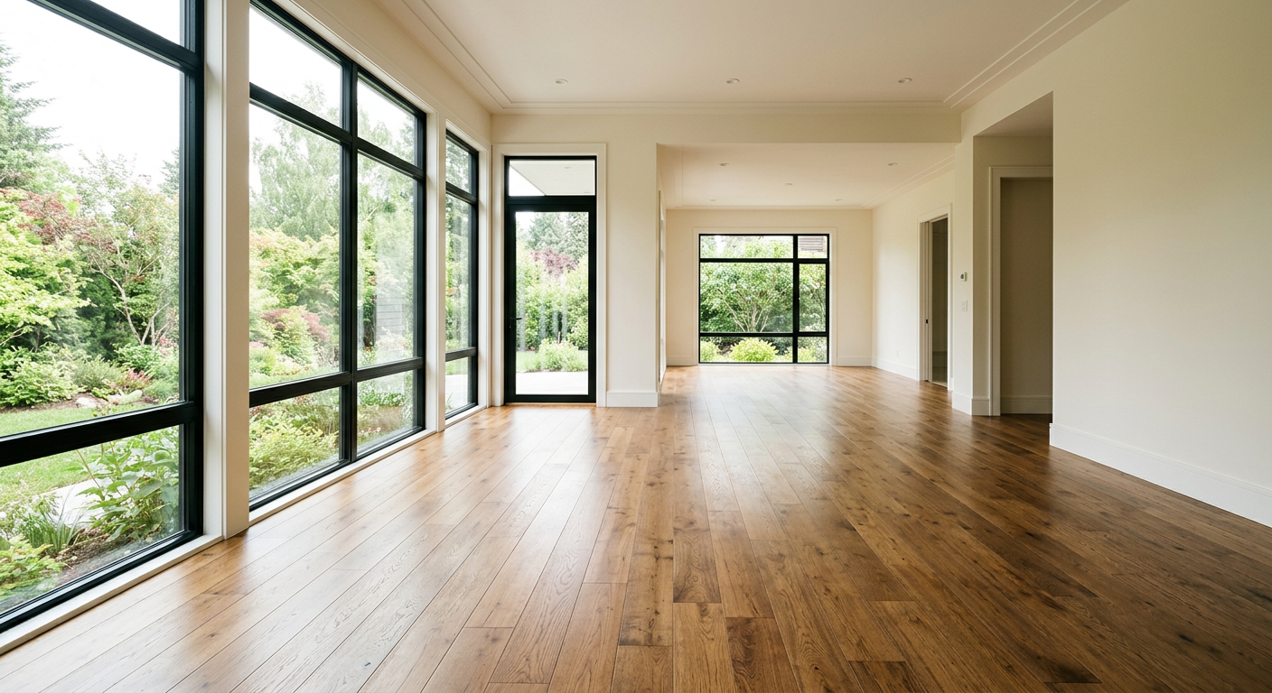 Empty residential house interior with hardwood floors and large windows, natural lighting