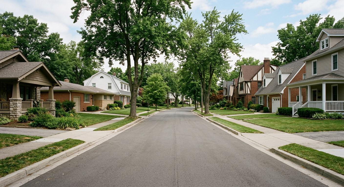 Empty residential street with single-family homes in different architectural styles, showing the varied housing stock typical of sober living neighborhoods