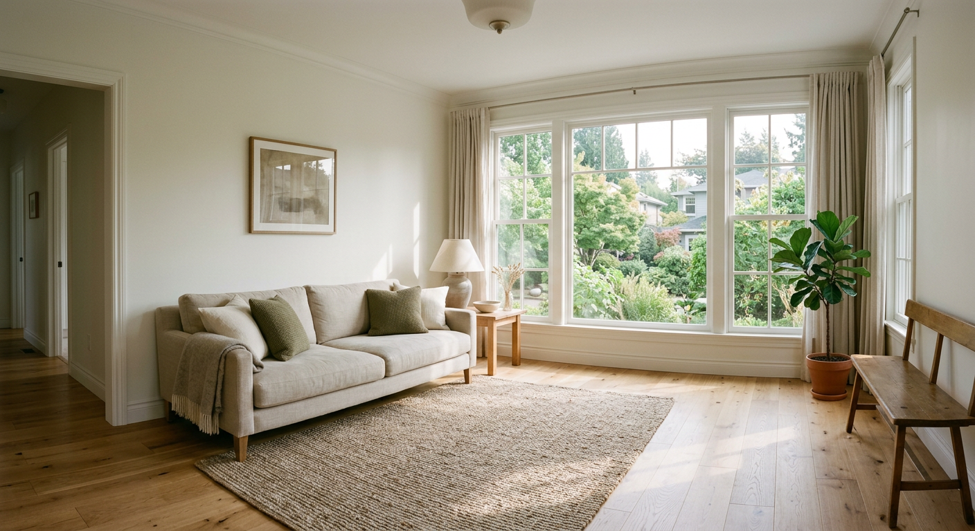 Empty living room with simple furniture and natural morning light streaming through windows, peaceful residential setting