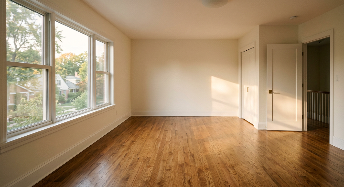 Empty residential bedroom with hardwood floors and large windows, natural afternoon light streaming in