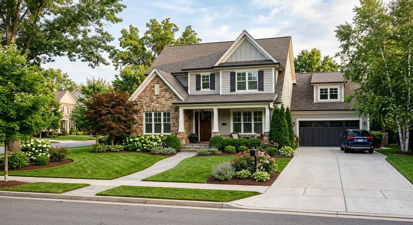 Suburban single-family home with well-maintained front yard and driveway