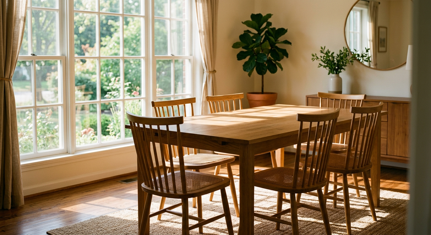 Empty dining room table with six chairs in a residential home, morning sunlight streaming through windows