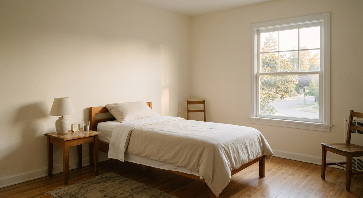 Empty bedroom with a single bed, nightstand, and window showing morning light, representing the transition space of recovery housing