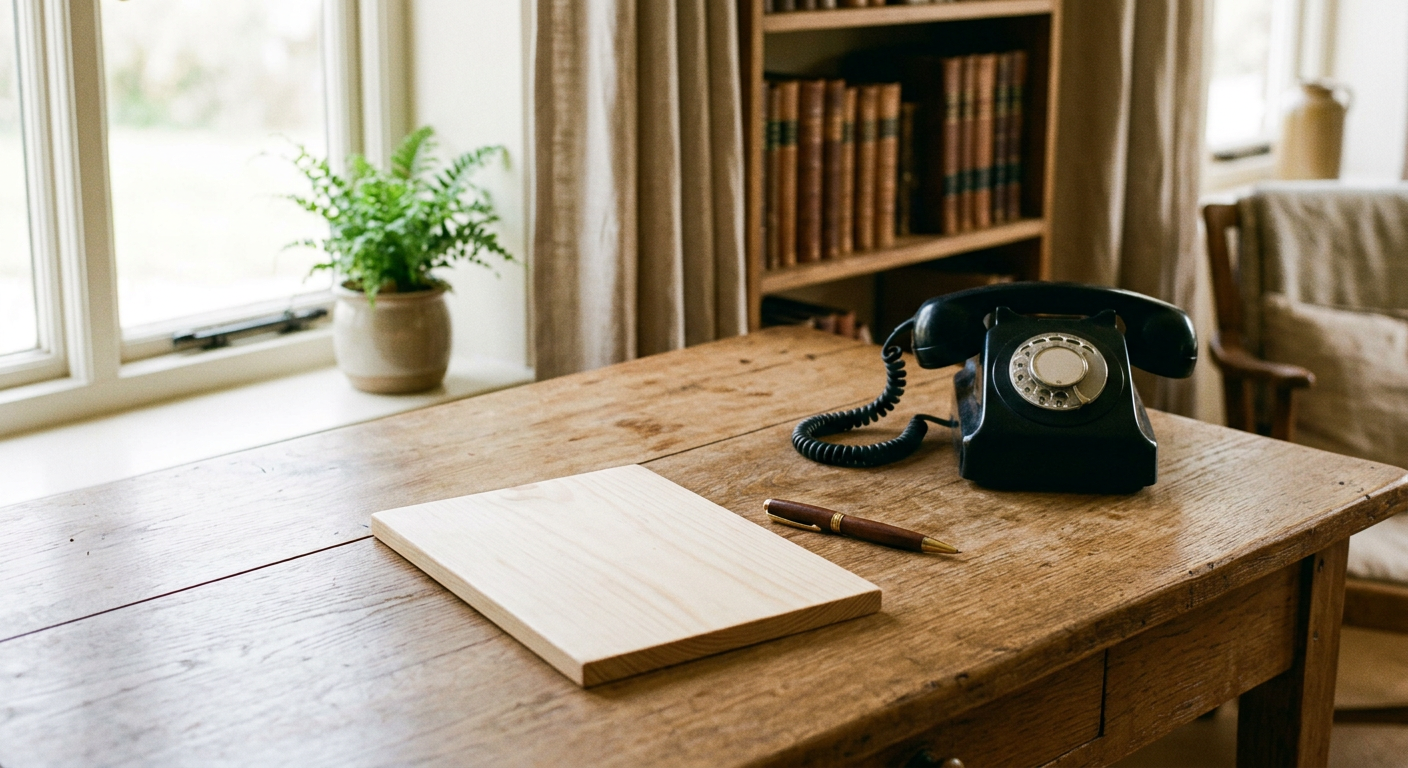 A simple wooden desk with a clipboard, pen, and landline phone in natural lighting