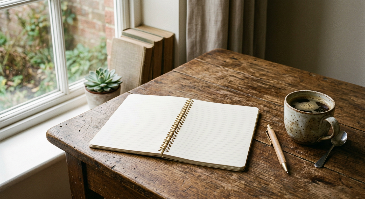 A simple wooden desk with an open notebook, pen, and coffee cup in natural morning light