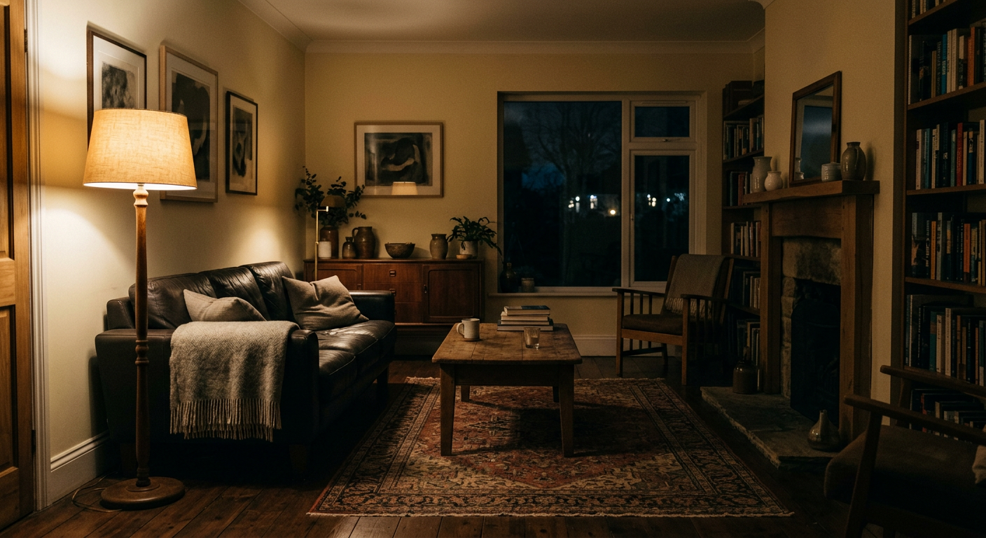Empty common room in a residential house at night with dim lighting from a single lamp