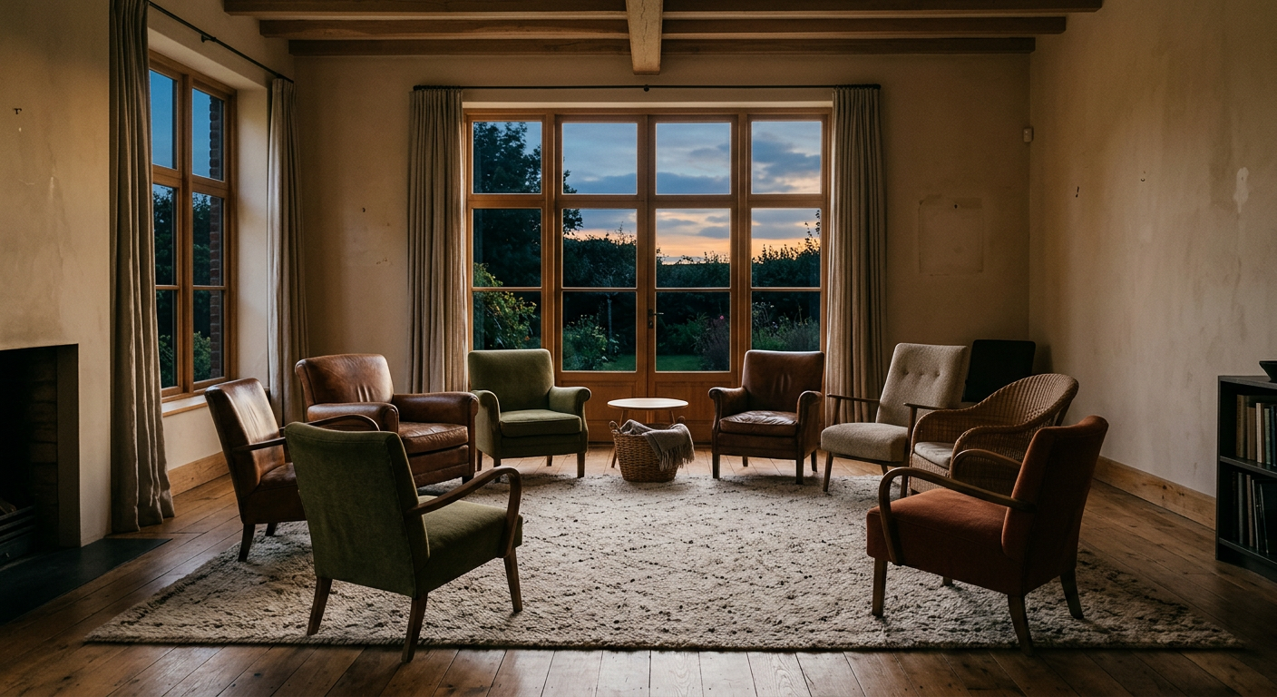 Empty living room with chairs arranged in a circle, evening lighting through windows
