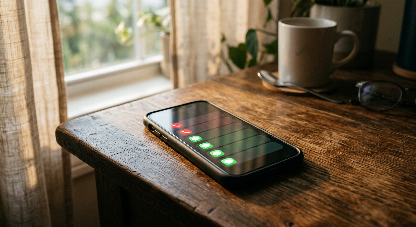 A smartphone on a wooden desk showing multiple missed calls and text messages, with morning sunlight streaming through a window