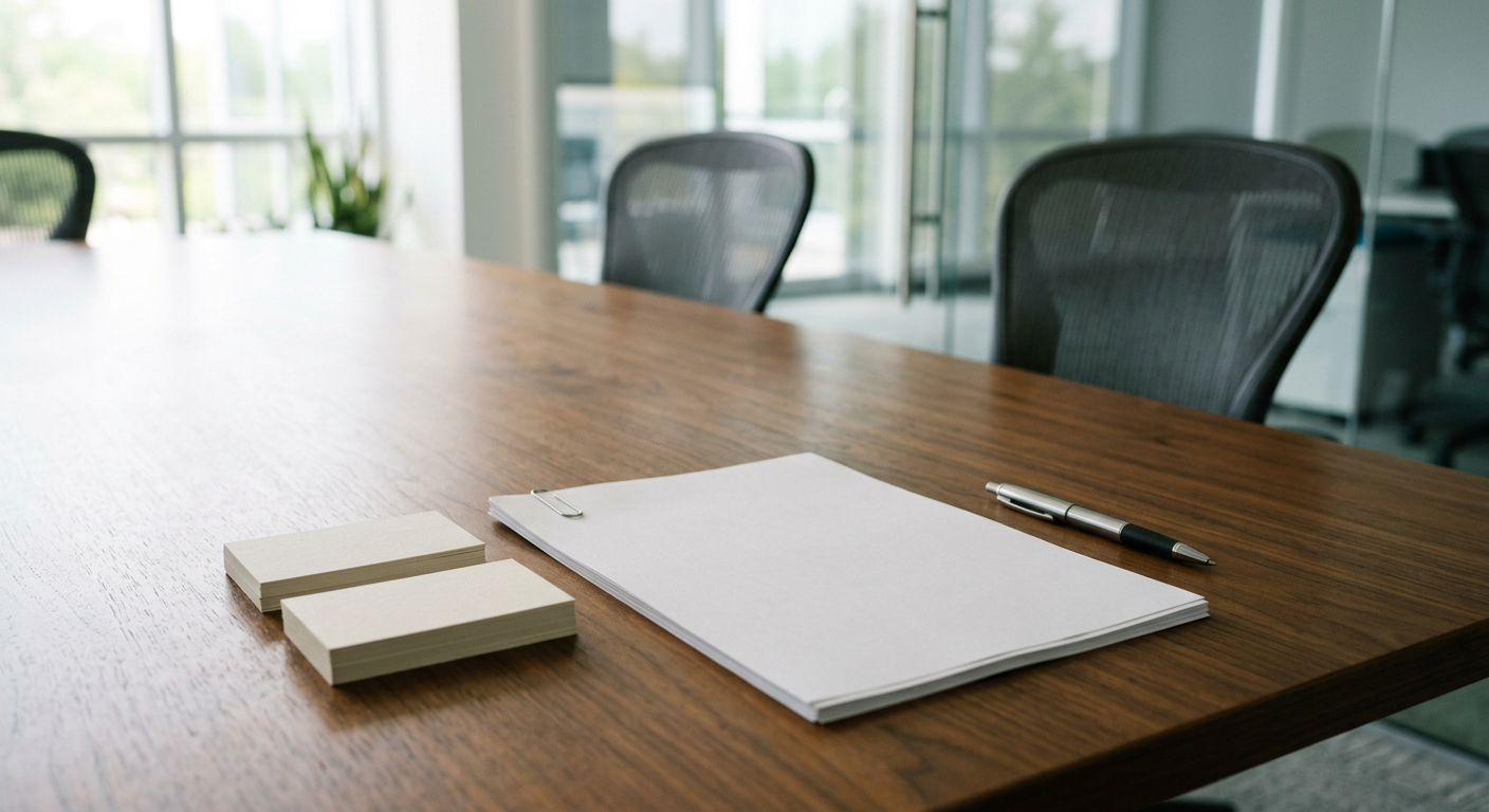 A clean conference room table with business cards and a simple partnership agreement document