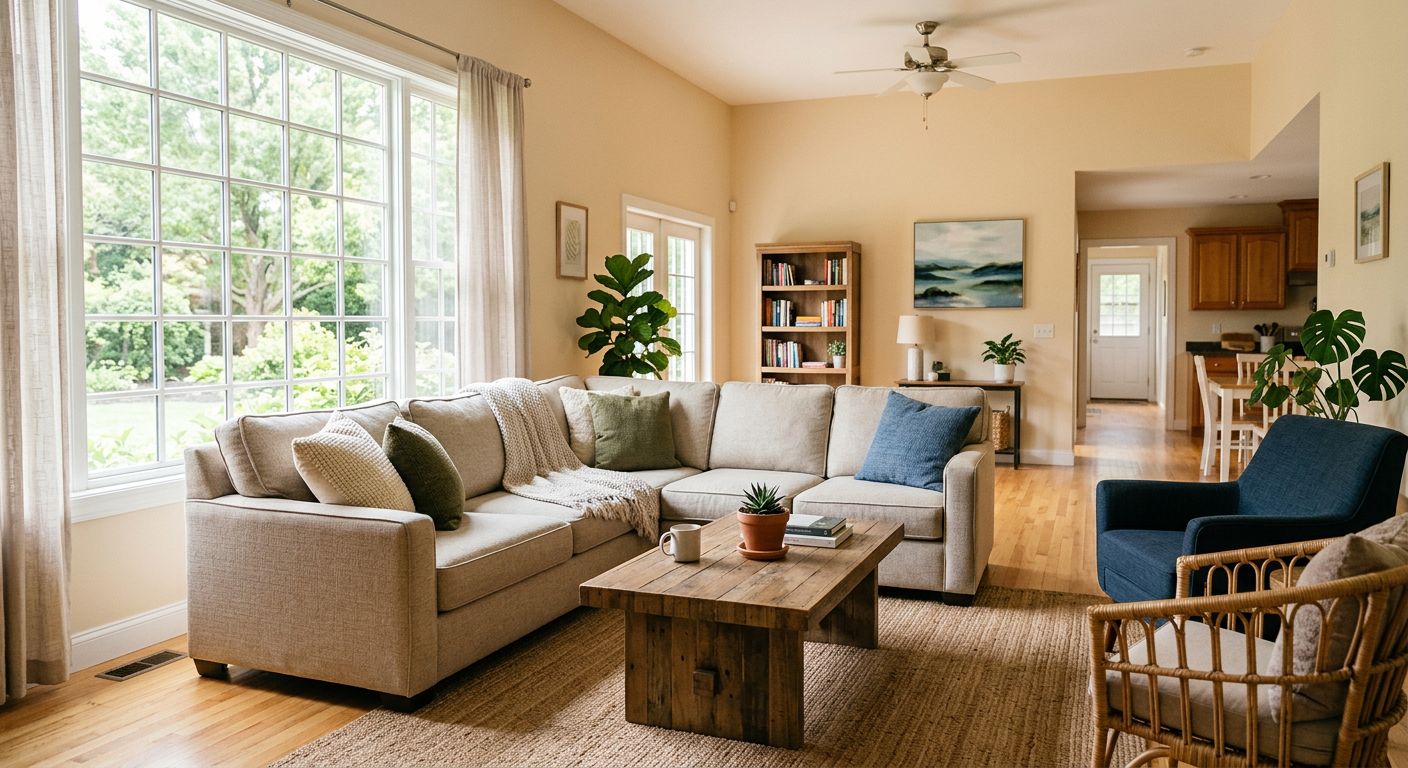 Clean, well-lit sober living home common area with comfortable seating and natural lighting