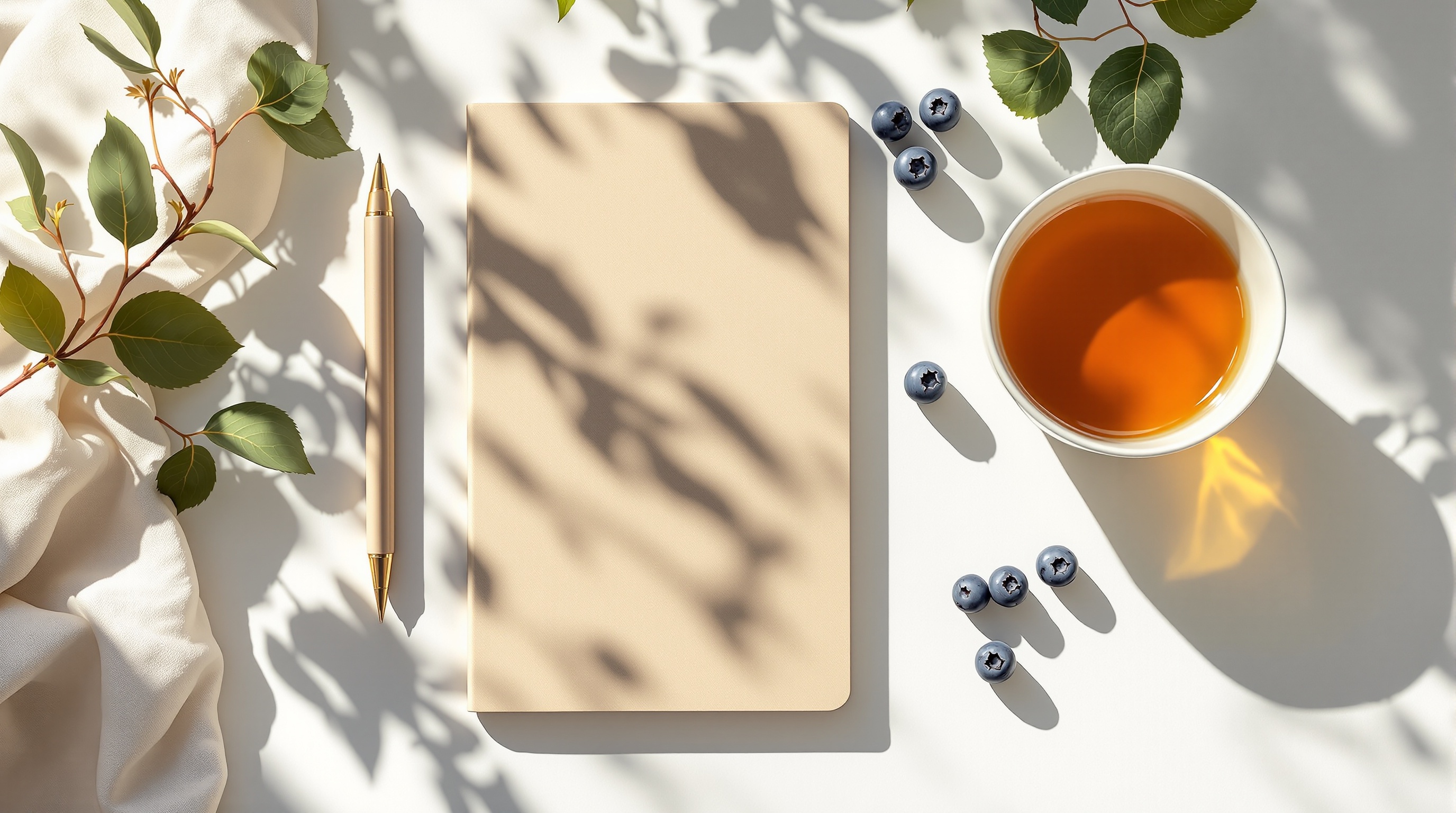 뇌 건강, 항산화, 혈당 관리를 상징하는 프리미엄 라이프스타일 플랫레이