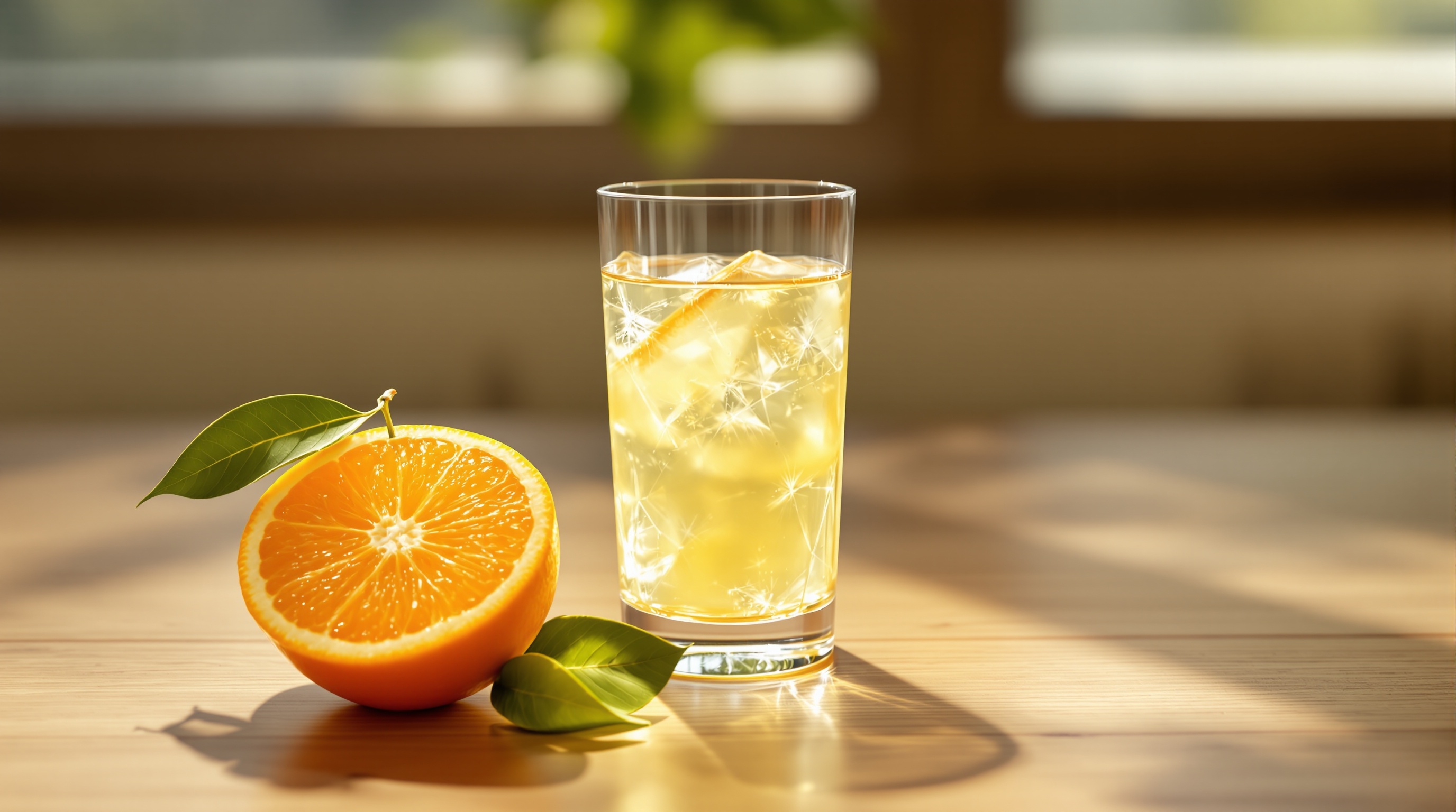 모로 오렌지 주스 한 잔과 신선한 오렌지가 놓인 건강한 섭취 장면