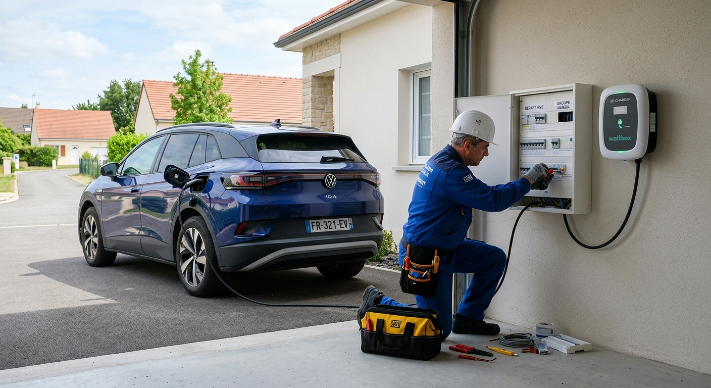 Installation d'une borne de recharge électrique murale dans une maison individuelle avec un véhicule en charge et un installateur en action