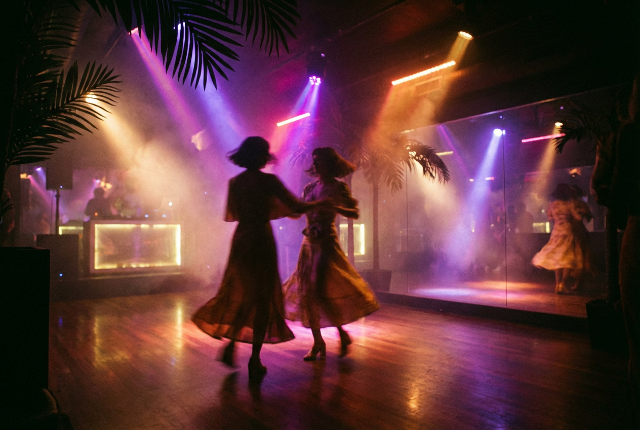 A cinematic neon-lit nightclub scene with dancers mid-movement, warm amber and magenta lighting, smoke haze, mirrored surfaces reflecting colored lights, tropical foliage in the background, and a sense of passionate motion and energy