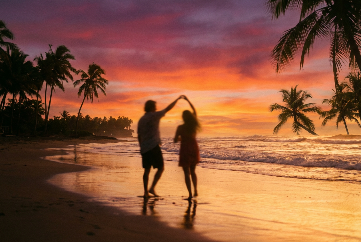 A dreamy sunset beach scene with two silhouetted figures dancing closely on wet sand, waves gently rolling in the background, the sky painted in gradients of deep orange, magenta, and purple, palm trees framing the edges, and warm golden light catching the ocean spray