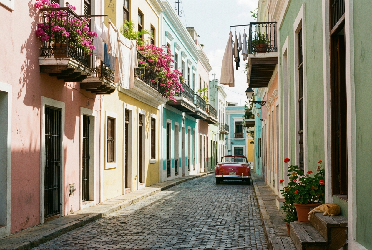 A colorful narrow street in a Latin American town with colonial buildings painted in vivid pink, yellow, blue, and green, laundry hanging between balconies, bougainvillea cascading from iron railings, warm afternoon light casting long shadows, a classic red vintage car parked at the end of the street, and a sense of vibrant everyday life