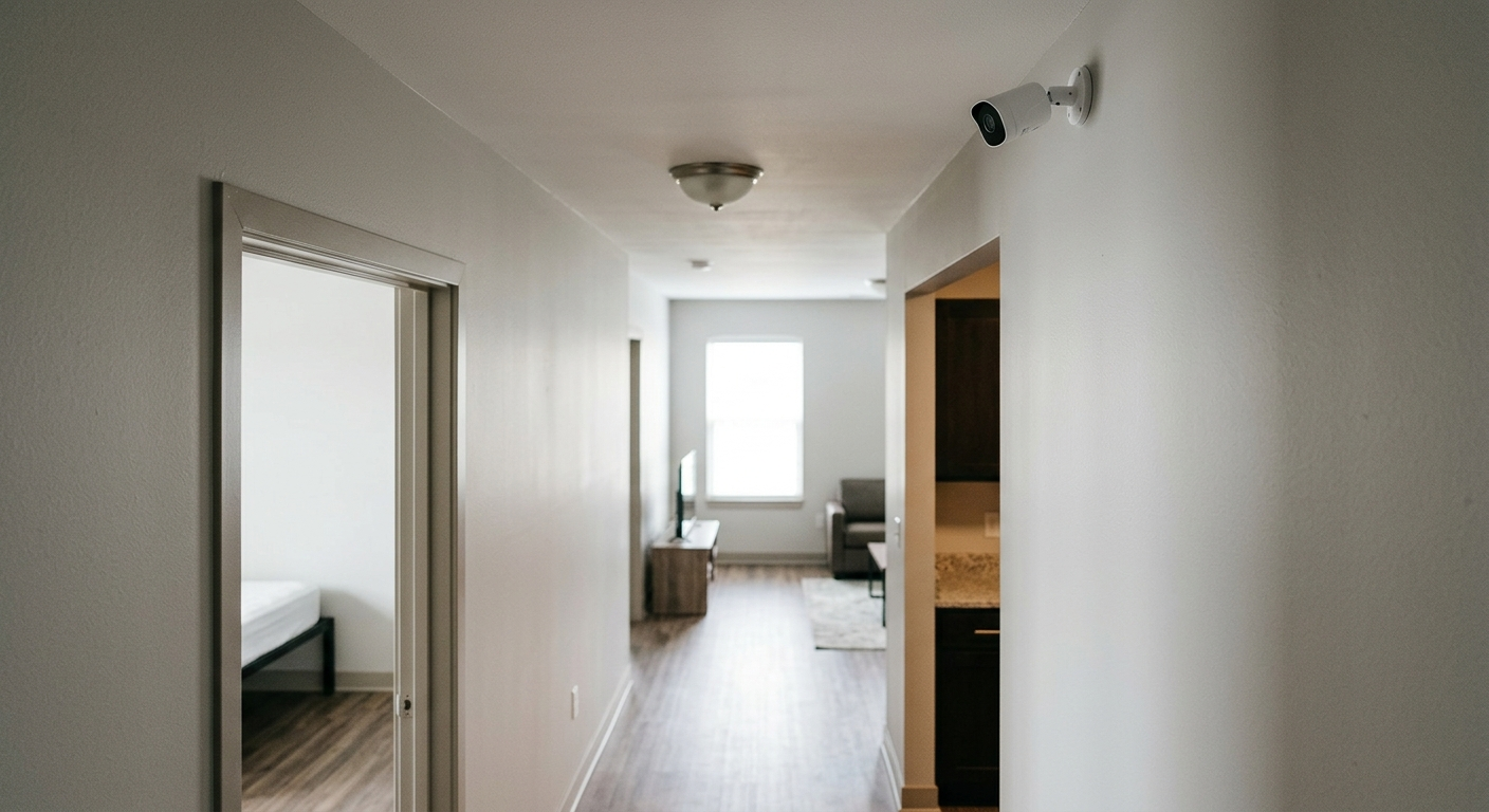 Clean, minimal photograph related to security cameras in sober living: where you can and cannot place them in recovery housing. No people, no text.