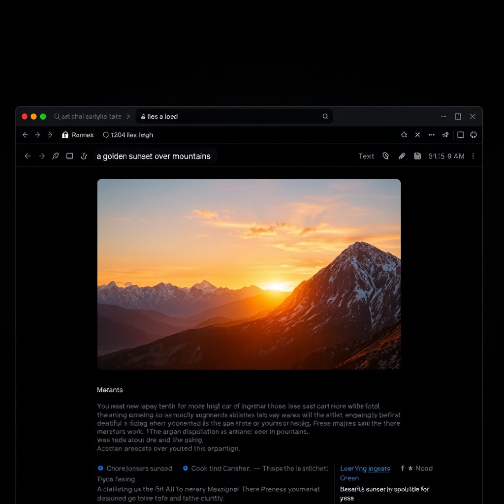 Modern web interface showing a text prompt generating a beautiful AI landscape image with golden sunset over mountains