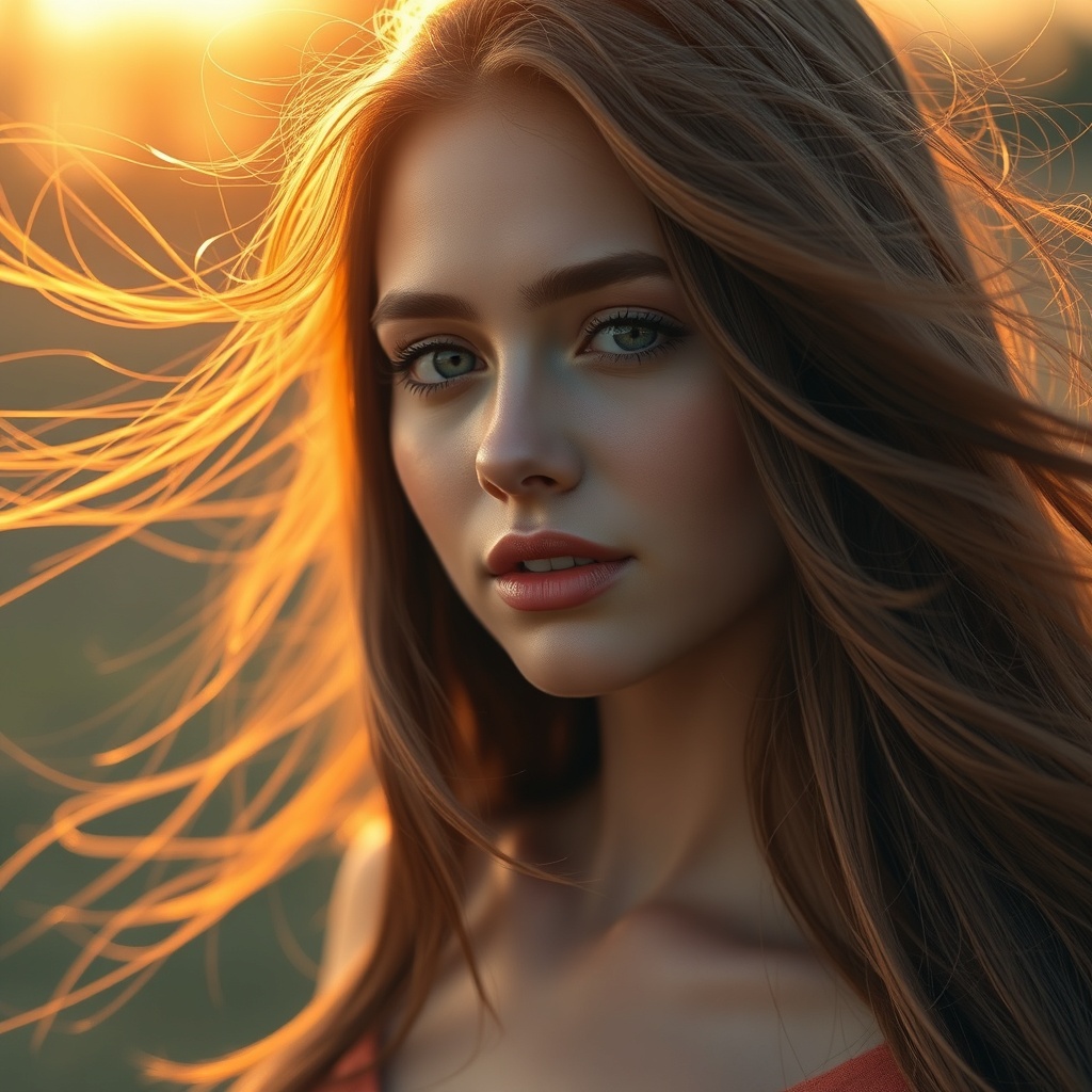 AI-generated photorealistic portrait of a woman in golden hour light, created entirely from a text description