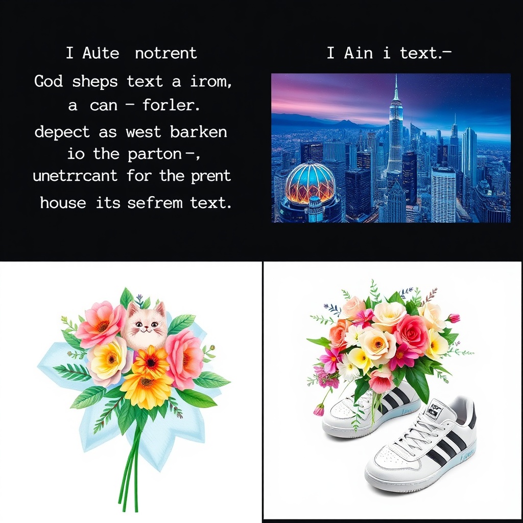 Grid of diverse AI-generated images from text: cat illustration, futuristic cityscape, watercolor flowers, and product photo