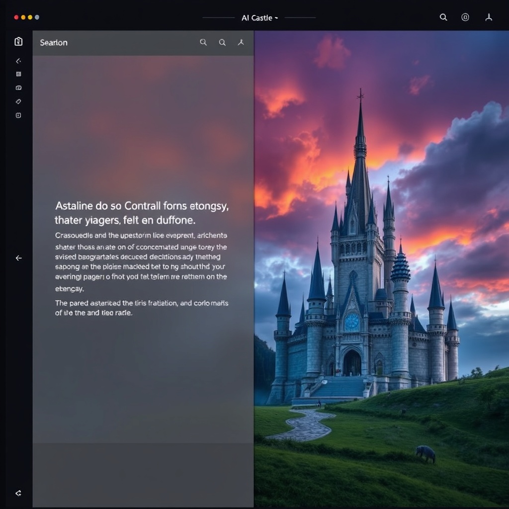Split screen showing text description transforming into a stunning AI-generated fantasy castle with dramatic sky