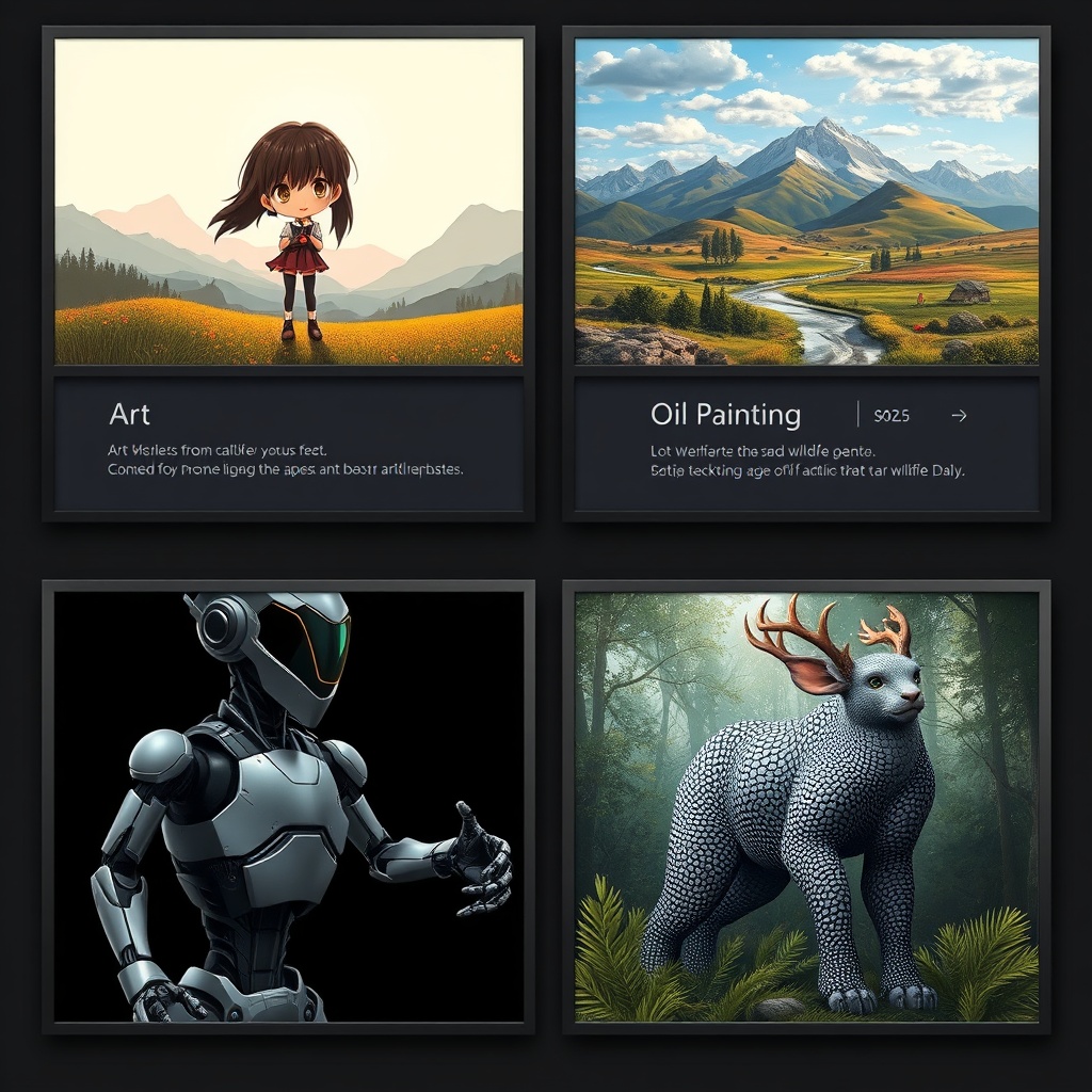Collection of AI art styles generated from text: anime character, oil painting, 3D render, and photorealistic wildlife