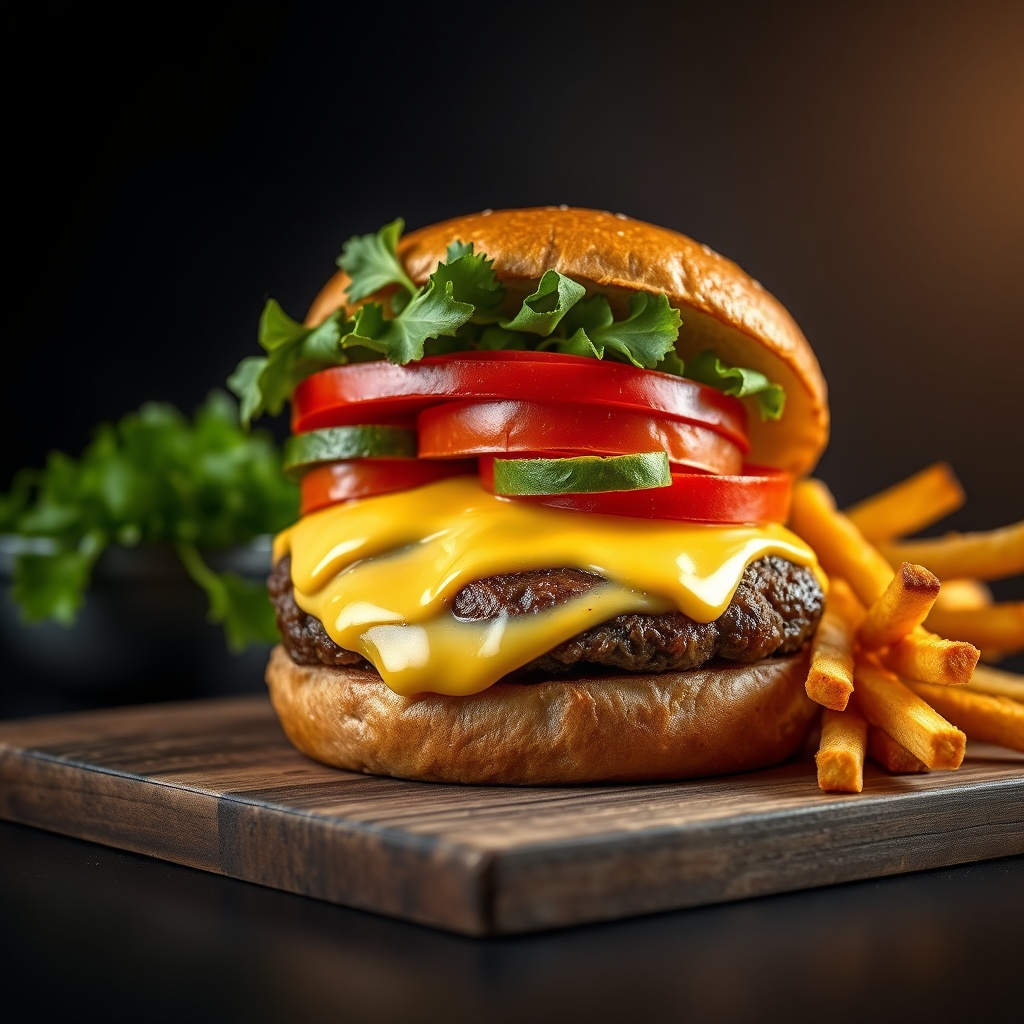 AI-generated professional food photography of a gourmet burger created from a text description, studio quality