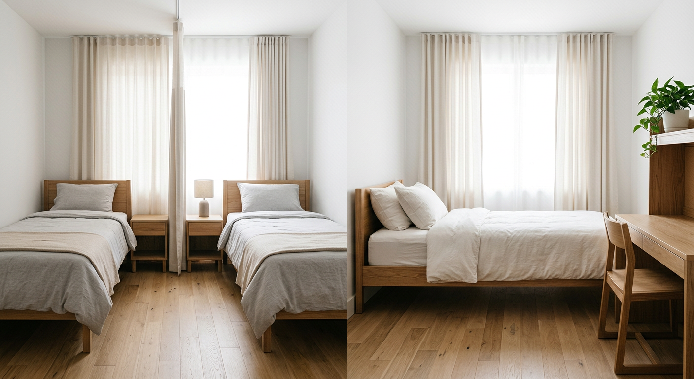 Clean, minimal photograph related to shared rooms vs private rooms: what operators are choosing in recovery housing. No people, no text.